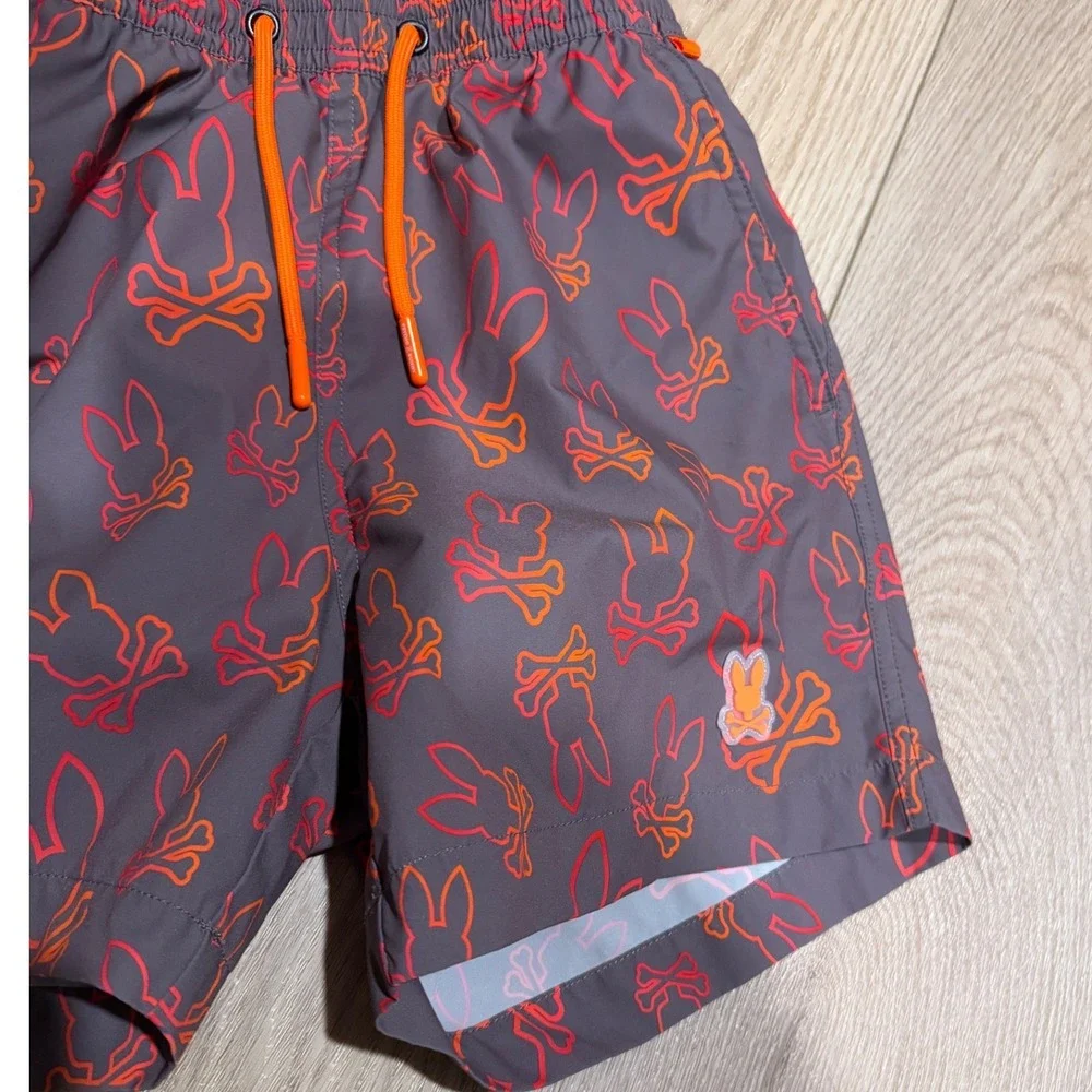 Psycho Bunny Boys Swim Trunks Gray Orange Neon Bunny Logo Shorts Size 7-8 S